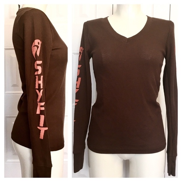 Brown v-neck long sleeve waffle weave top NWT, M - Picture 1 of 7